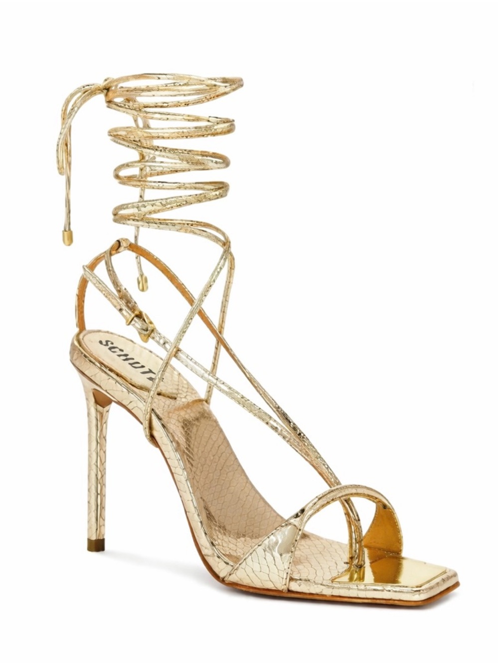 NWOB SCHUTZ Gold Metallic Snakeskin Lace-Up Stiletto Sandals